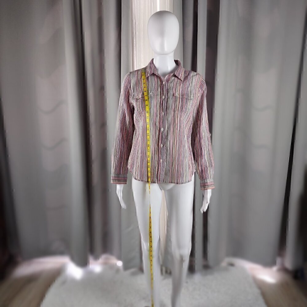 Liz Claiborne Womens Multi Color Striped Button Down Cotton Blend Shirt Size PM - Picture 6 of 14